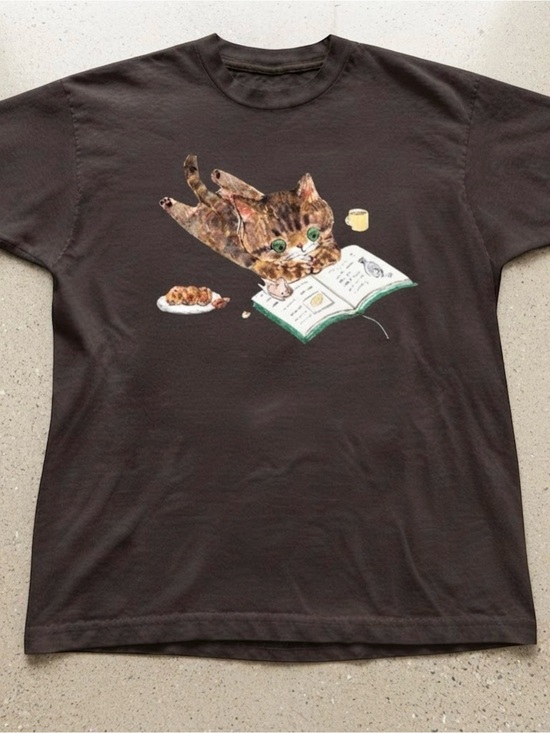 Gildan Tops - Cozy Cat Reading Book Graphic Gildan T-shirt Cute Cotton Top